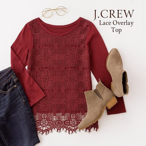 Burgundy Lace Crochet Hem Long Sleeve Cotton Top J.Crew Size S Vintage Style - Picture 1 of 11